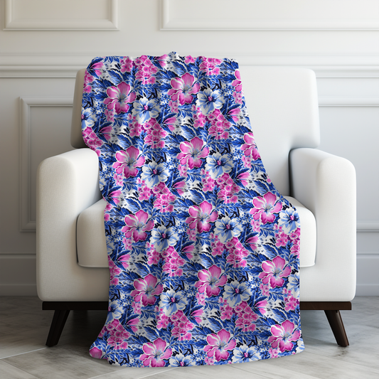 Bright Blooms: Pink and Blue   Watercolor Hibiscus in Vivid Splendor Velveteen Plush Blanket 3 Sizes