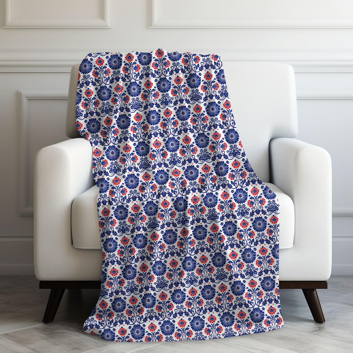 Charming Folk Blooms in Classic Polish Pottery Inspired Floral Pattern in Blue and Red Velveteen Plush Blanket 3 Sizes