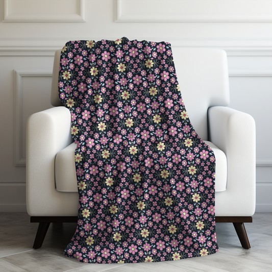 Charming Pastel Pink and Yellow Flowers on Navy Blue Background Velveteen Plush Blanket 3 Sizes