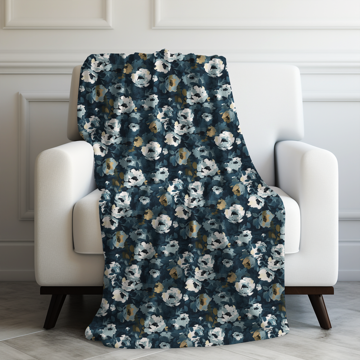 Chic and Artistic Floral Blooms in Shades of Navy, Gray, and Soft Gold Velveteen Plush Blanket 3 Sizes