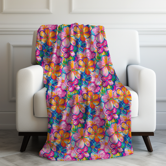 Chromatic Blossoms: Large Watercolor Flowers in Mixed Pinks, Blues, and Oranges Velveteen Plush Blanket 3 Sizes