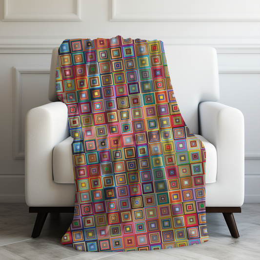 Chromatic Mosaic: Rainbow Multicolored Squares Velveteen Plush Blanket 3 Sizes