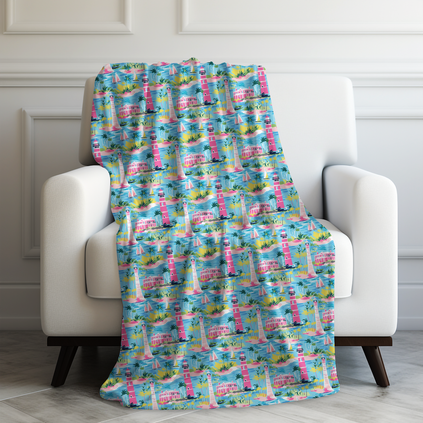 Coastal Charms: Sailboats and Lighthouses Adorning the Coastline Velveteen Plush Blanket 3 Sizes