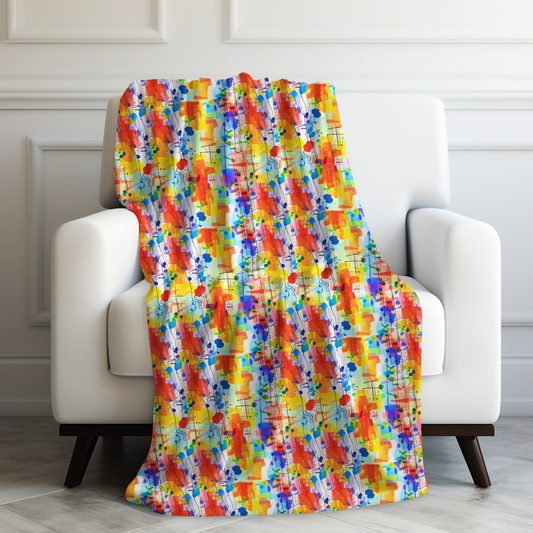 Colorful Chaos Abstract Expressionist Art with Layered Paint Stains in Vibrant Hues of Yellow, Orange, and Blue Velveteen Plush Blanket 3 Sizes