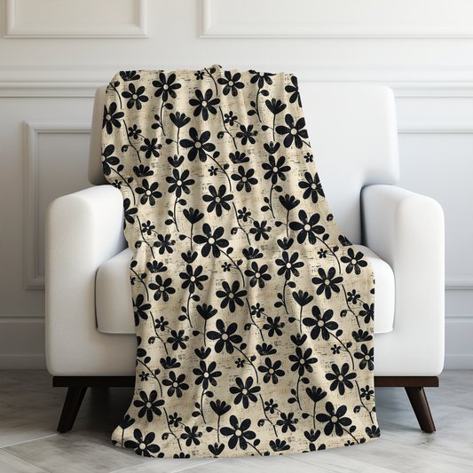 Distressed Black Floral on Beige Background Velveteen Plush Blanket 3 Sizes