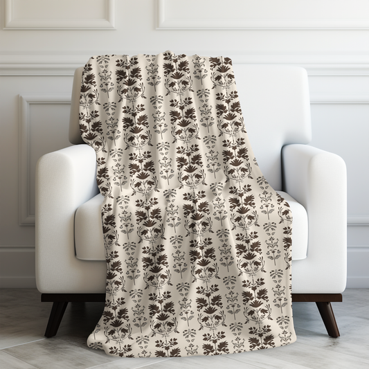 Early American Stencil-Inspired Beige and Brown Floral Pattern Velveteen Plush Blanket 3 Sizes