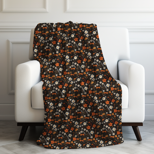 Elegant Floral Seamless Pattern in Warm Autumn Hues on Dark Background Velveteen Plush Blanket 3 Sizes