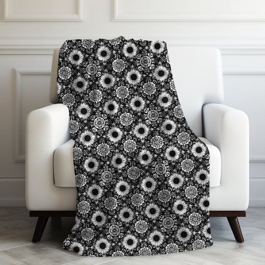 Elegant Mandala Design with Black and White Sunflowers Velveteen Plush Blanket 3 Sizes