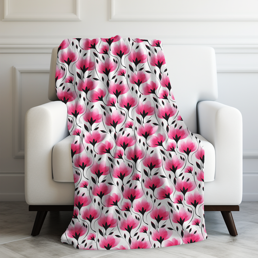 Elegant Modern Pink and Black Floral Blooms Velveteen Plush Blanket 3 Sizes