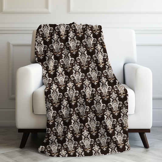 Elegant Rococo Pattern of Intricate Brown and White Floral Scroll Design Velveteen Plush Blanket 3 Sizes