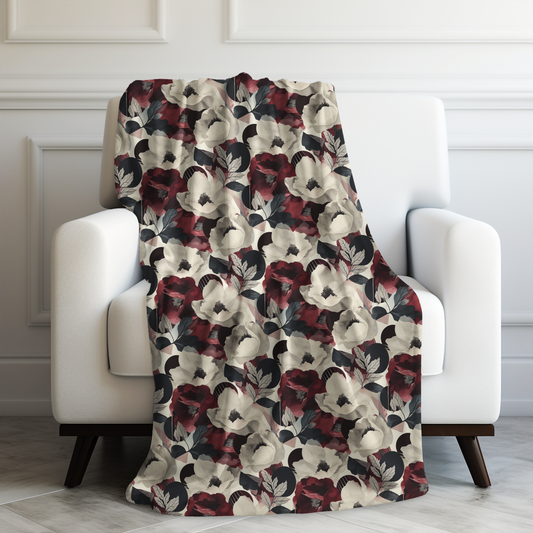 Elegant Vintage Floral Blooms in Wine, Cream and Charcoal Print Velveteen Plush Blanket 3 Sizes