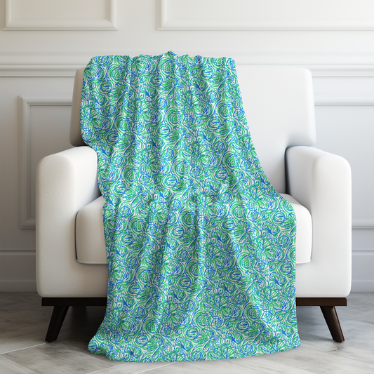 Emerald Tide: Swirling Green and Blue Flowers Velveteen Plush Blanket 3 Sizes