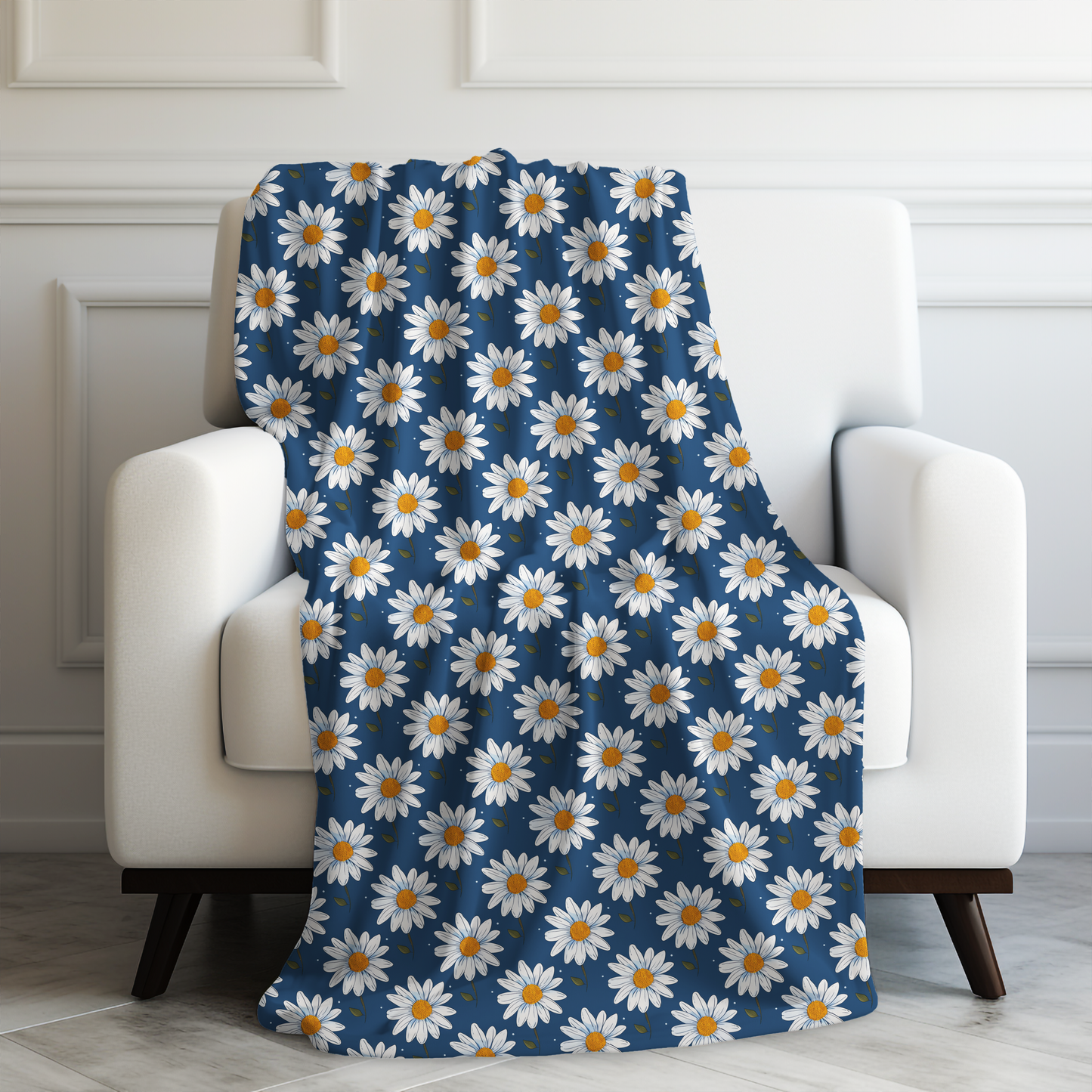 Elegant White Daisies on Navy Blue Background Velveteen Plush Blanket 3 Sizes