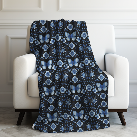 Enchanted Blue Butterflies and Blooms on Black Velveteen Plush Blanket 3 Sizes