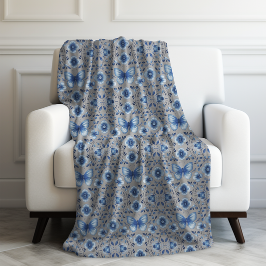 Enchanted Blue Butterflies and Blooms on Gray Velveteen Plush Blanket 3 Sizes