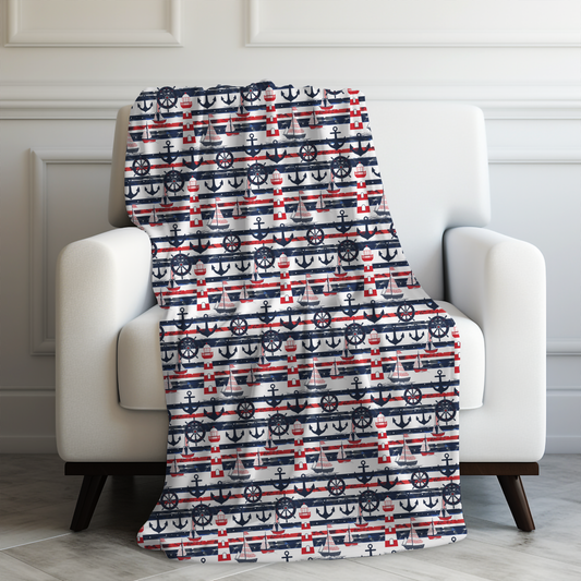 American Patriotism in Nautical Lighthouses, Anchors and Sailboats Velveteen Plush Blanket 3 Sizes