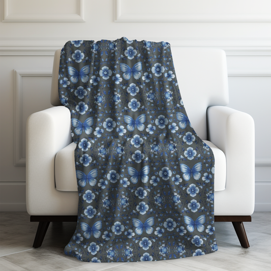 Enchanted Blue Butterflies and Blooms on Dark Gray Velveteen Plush Blanket 3 Sizes