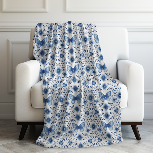 Enchanted Blue Butterflies and Blooms on White Velveteen Plush Blanket 3 Sizes