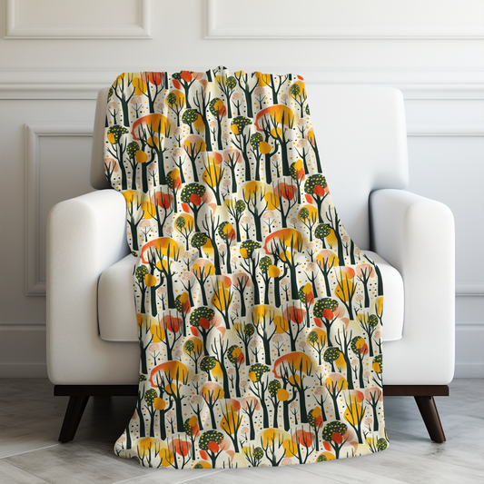 Enchanted Forest of Yellow and Orange Trees on a Speckled Cream Background Velveteen Plush Blanket 3 Sizes