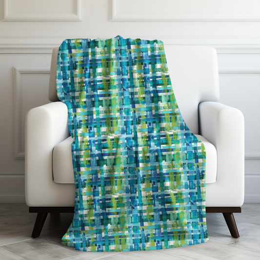 Enchanted Lagoon: Vibrant Green and Blue Abstract Plaid Velveteen Plush Blanket 3 Sizes