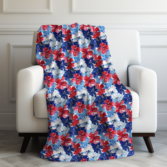 Americana Blooms: Large Watercolor Flowers in Red, White, and Blue Velveteen Plush Blanket 3 Sizes