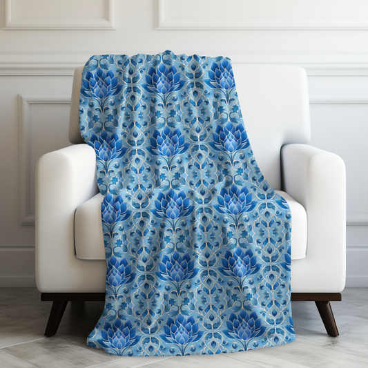 Exquisite Blue Lotus Elegance Floral Mosaic Design Velveteen Plush Blanket 3 Sizes