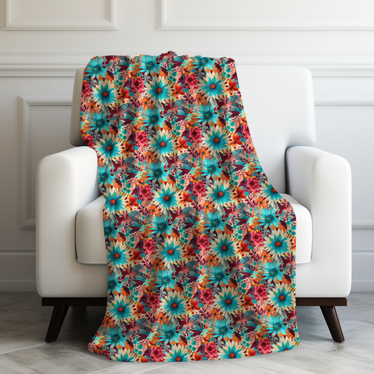 Floral Explosion of Pinks, Teals and Oranges on a Soft Cream Canvas Velveteen Plush Blanket 3 Sizes