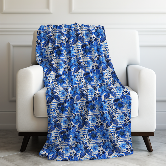 Floral Symphony in Shades of Blue, Harmonized with Abstract Lines Velveteen Plush Blanket 3 Sizes