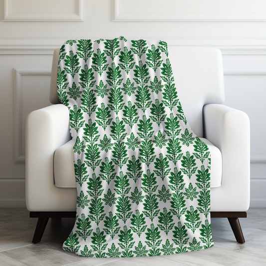 Green Botanical Indian Block Print Pattern Velveteen Plush Blanket 3 Sizes