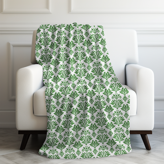 Green Floral Indian Block Print Pattern Velveteen Plush Blanket 3 Sizes