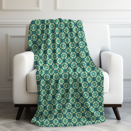 Intricate Aqua and Teal Mandala Floral Pattern Velveteen Plush Blanket 3 Sizes