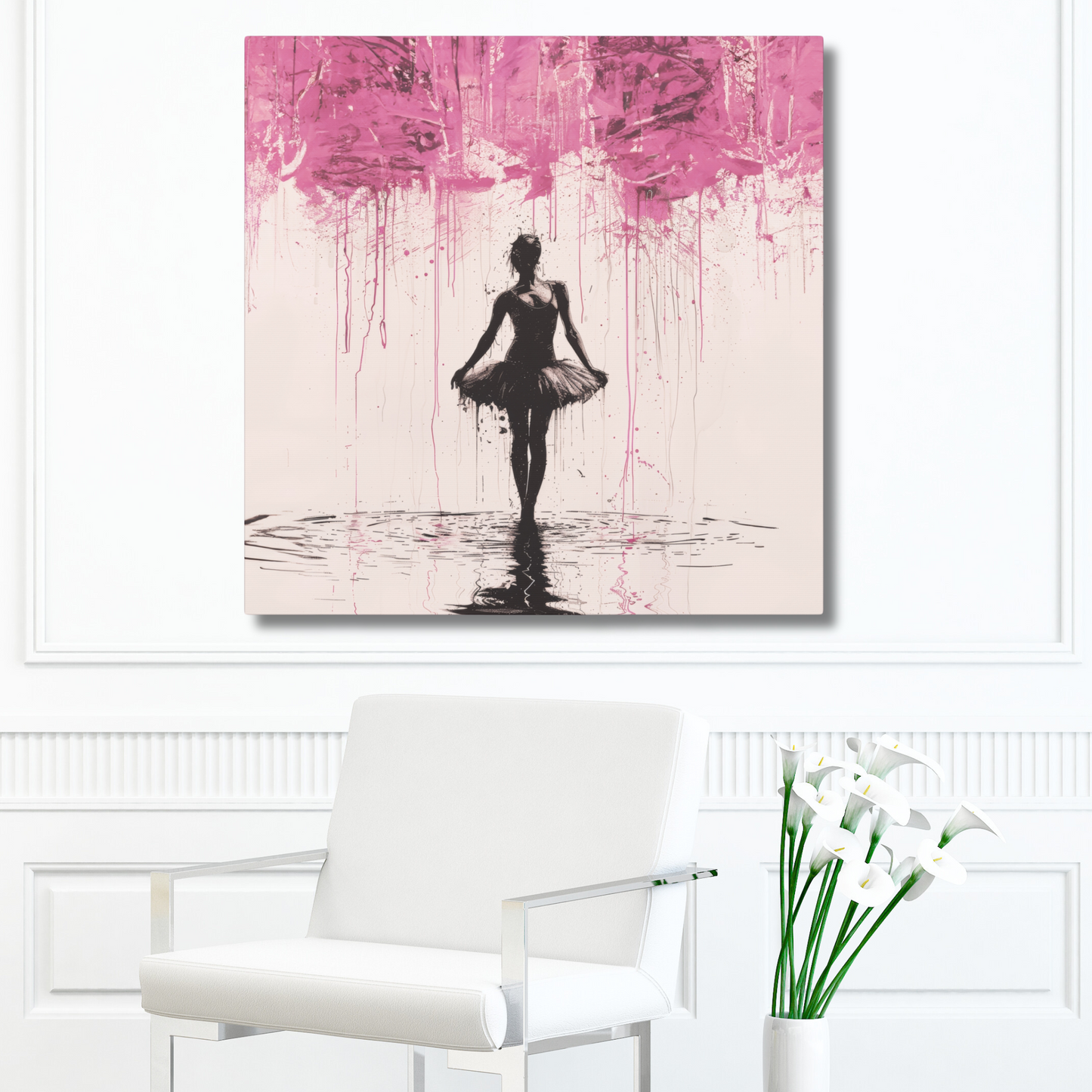 Dreamlike Reverie: Ballerina Dancing Amidst Pink Clouds and Gentle Rain Print on Canvas Gallery - 13 Sizes