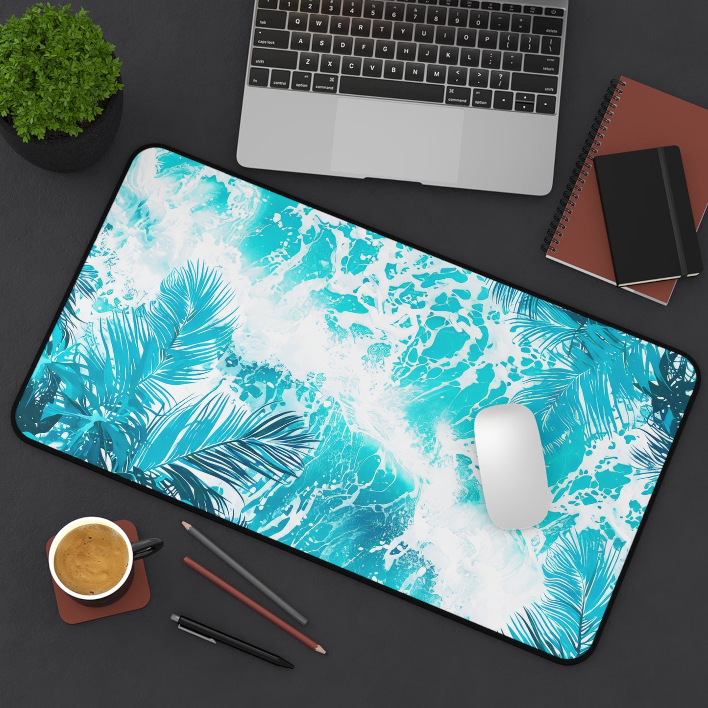 Tropical Serenity Lush Palm Leaves Interwoven with Foaming Sea Waves Rich Teal Tones Extended Gaming Mouse Pad  Desk Mat  - 3 Sizes