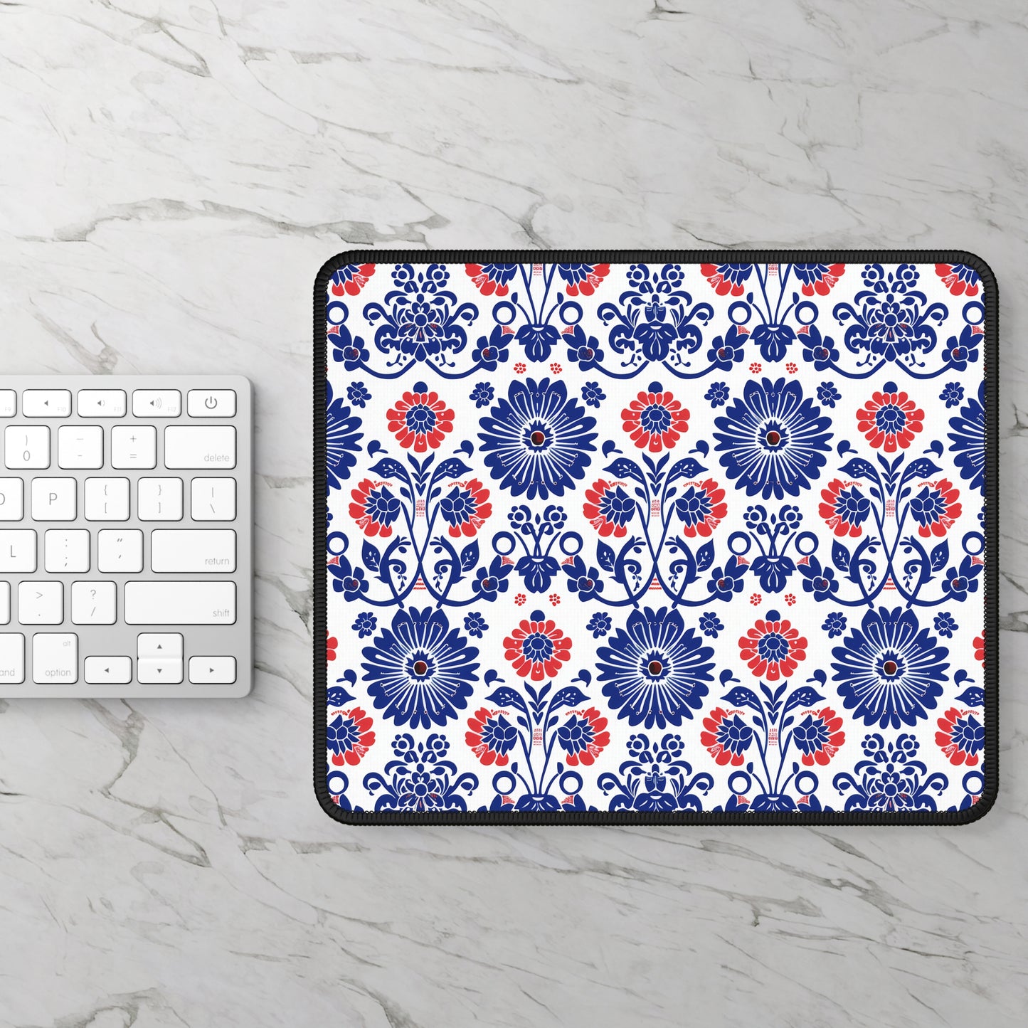 Charming Folk Blooms in Classic Polish Pottery Inspired Floral Pattern in Blue and Red Gaming Mouse Pad with Finished Edges