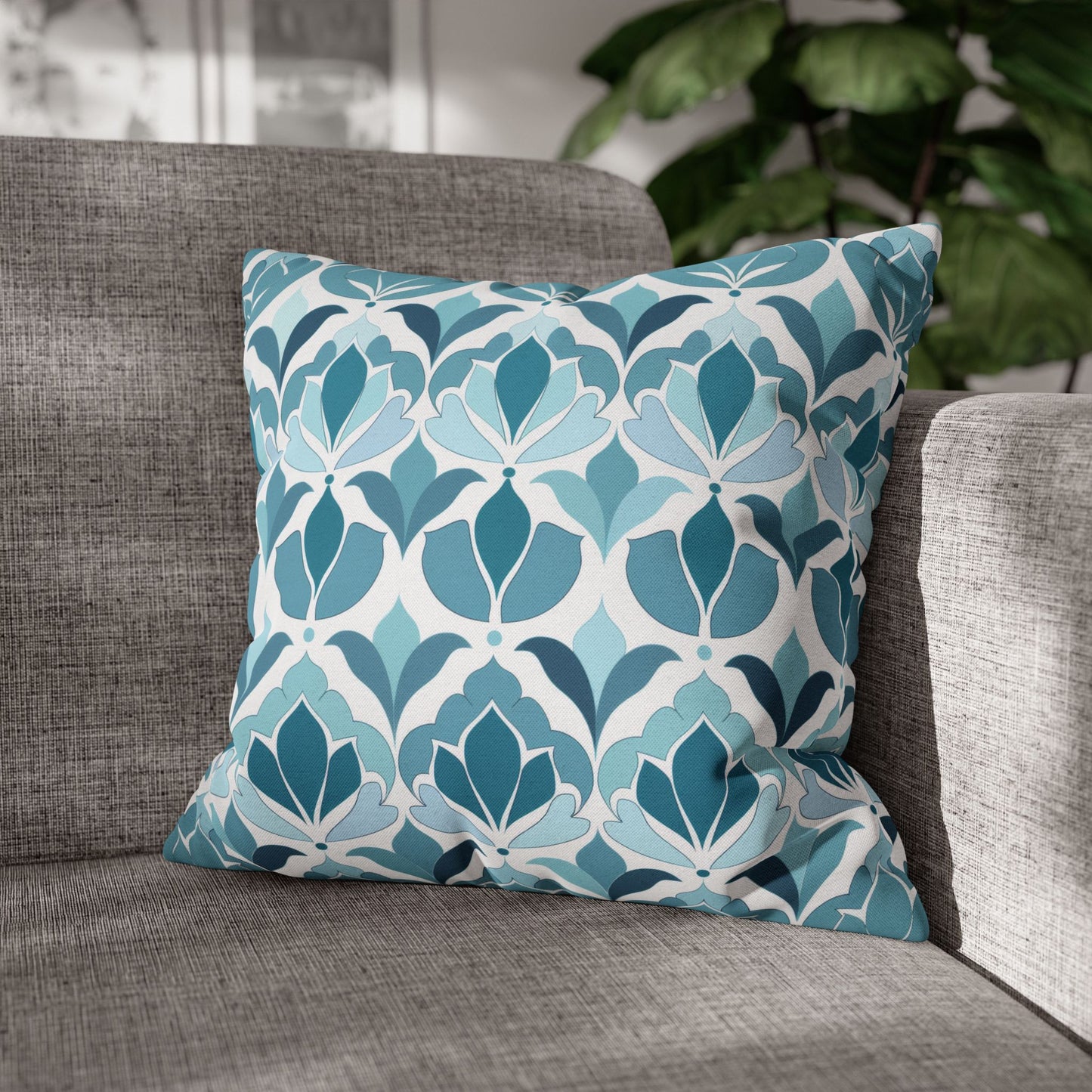 Serene Floral Pattern in Shades of Aqua and Teal, Forming Graceful Botanical Motifs Spun Polyester Square Pillowcase 4 Sizes