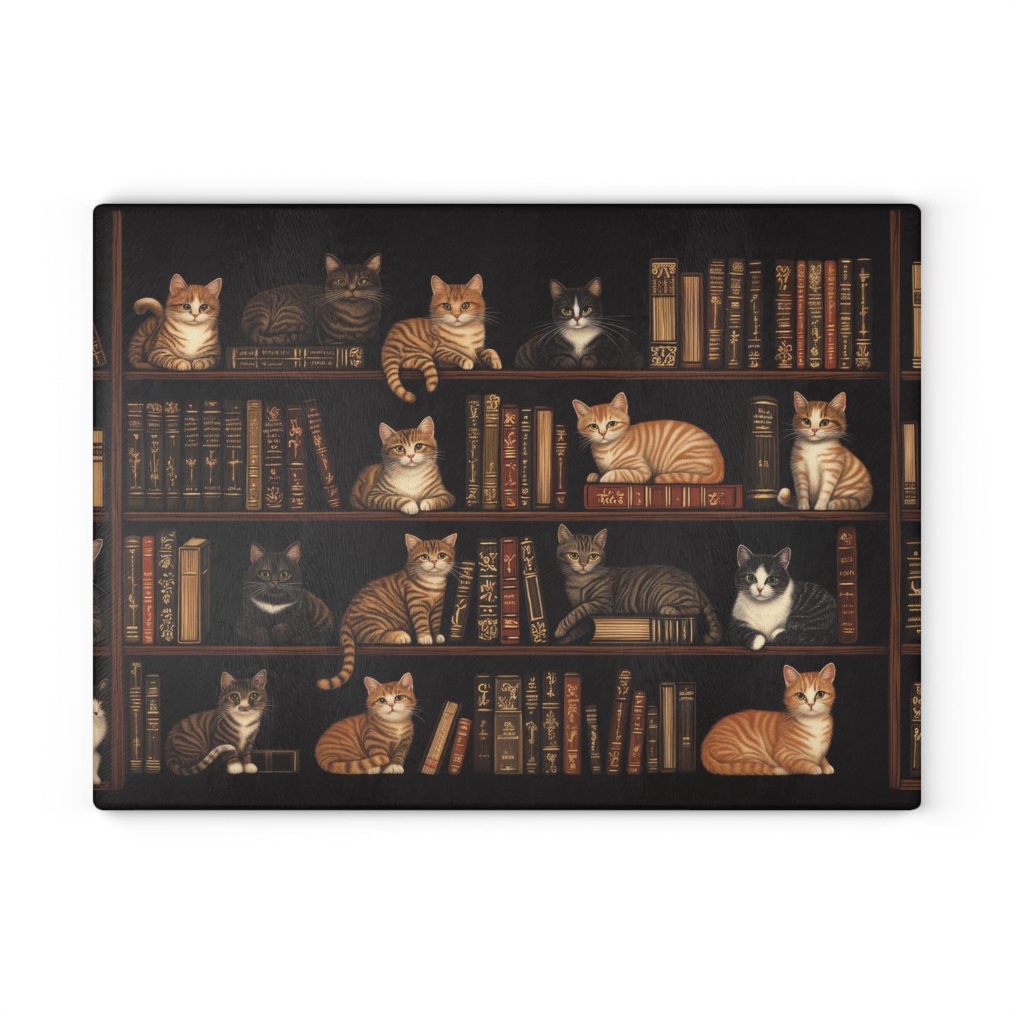 Cozy Bookshelf Cats Glass Cutting Board - 2 Sizes