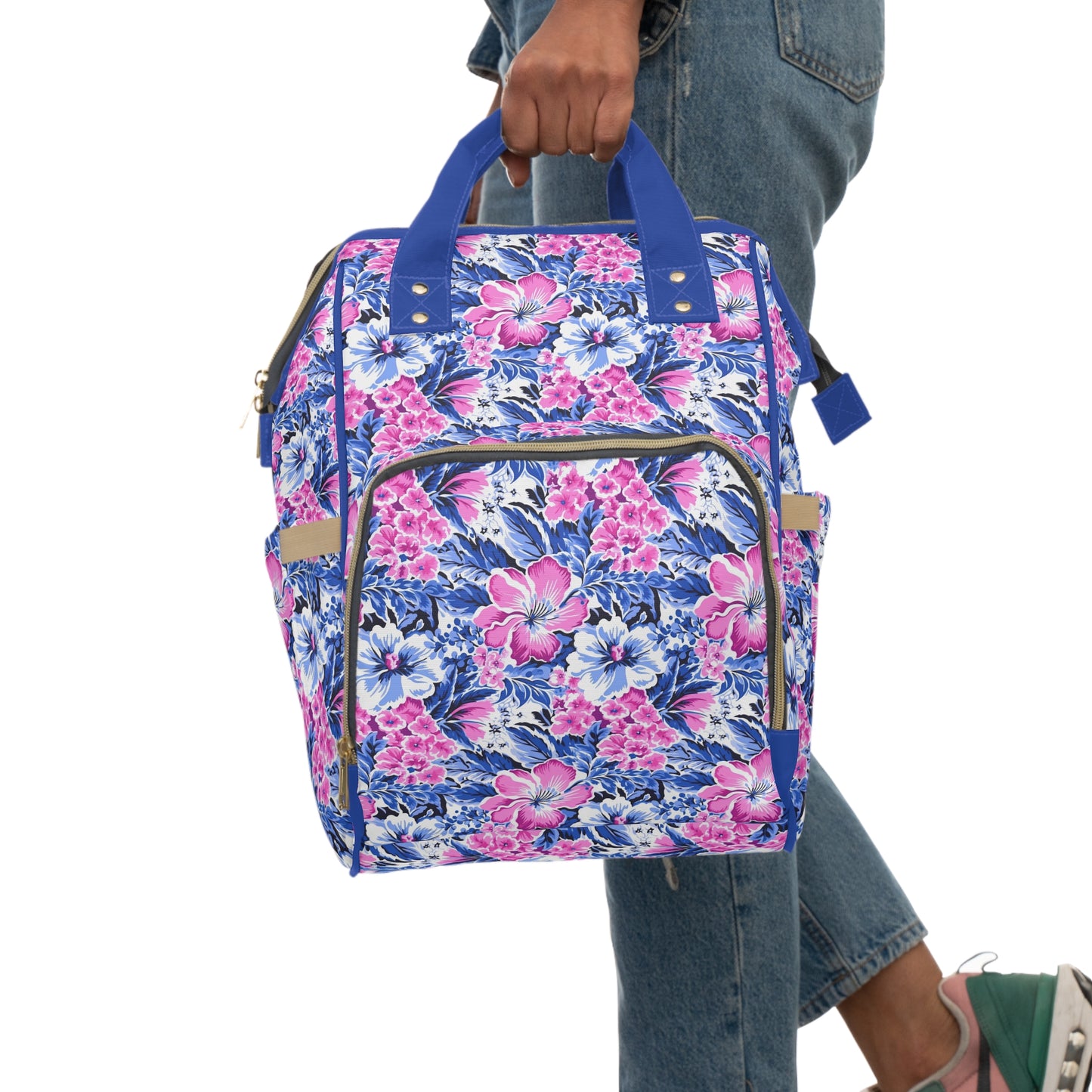 Bright Blooms: Pink and Blue   Watercolor Hibiscus in Vivid Splendor Multifunctional Diaper Backpack