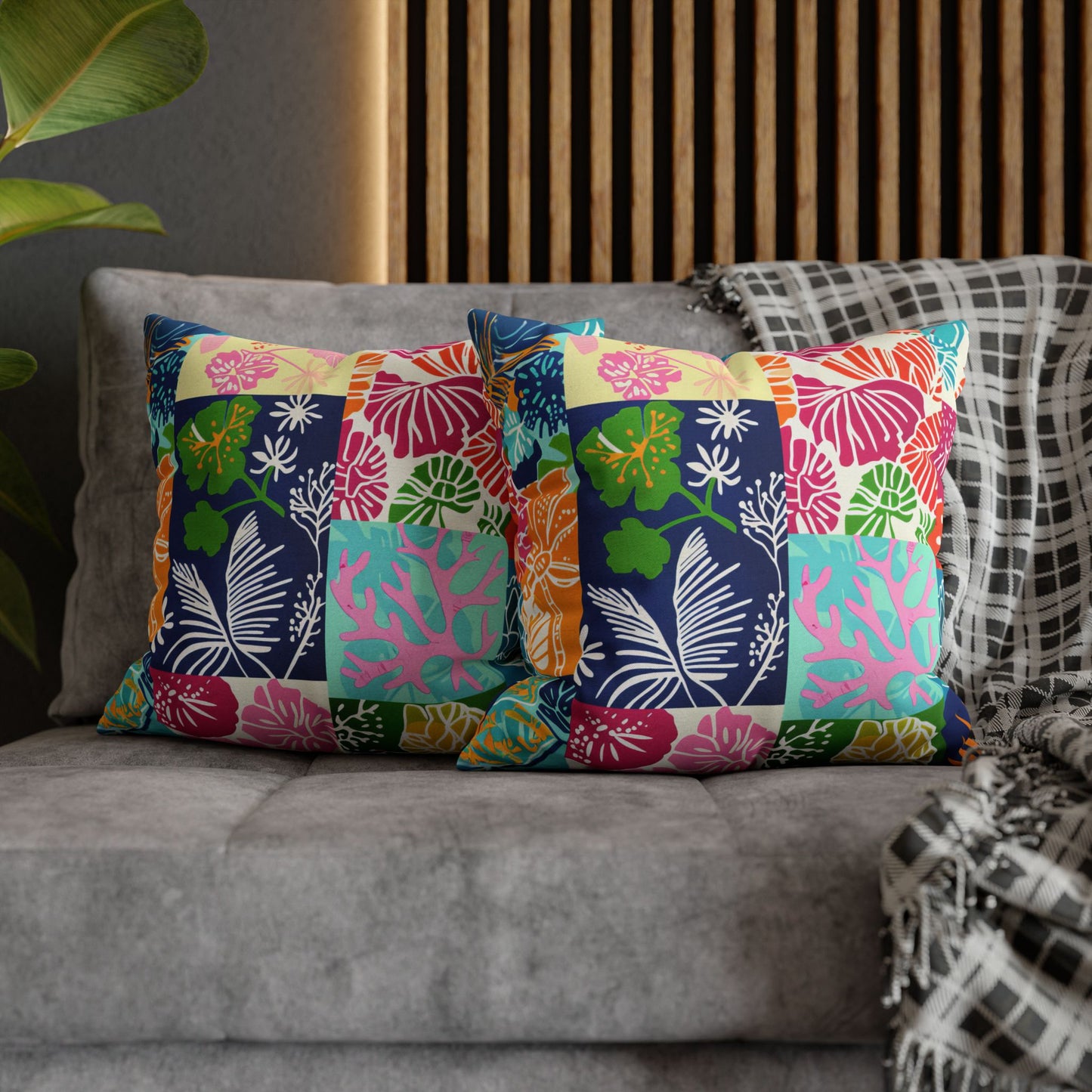 Vibrant Mosaic of Tropical Unique Shapes and Hues, from Vivid Oranges to Deep Blue Leaves and Flowers Spun Polyester Square Pillowcase 4 Sizes