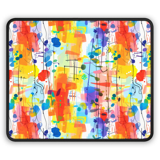 Colorful Chaos Abstract Expressionist Art with Layered Paint Stains in Vibrant Hues of Yellow, Orange, and Blue Gaming Mouse Pad with Finished Edges