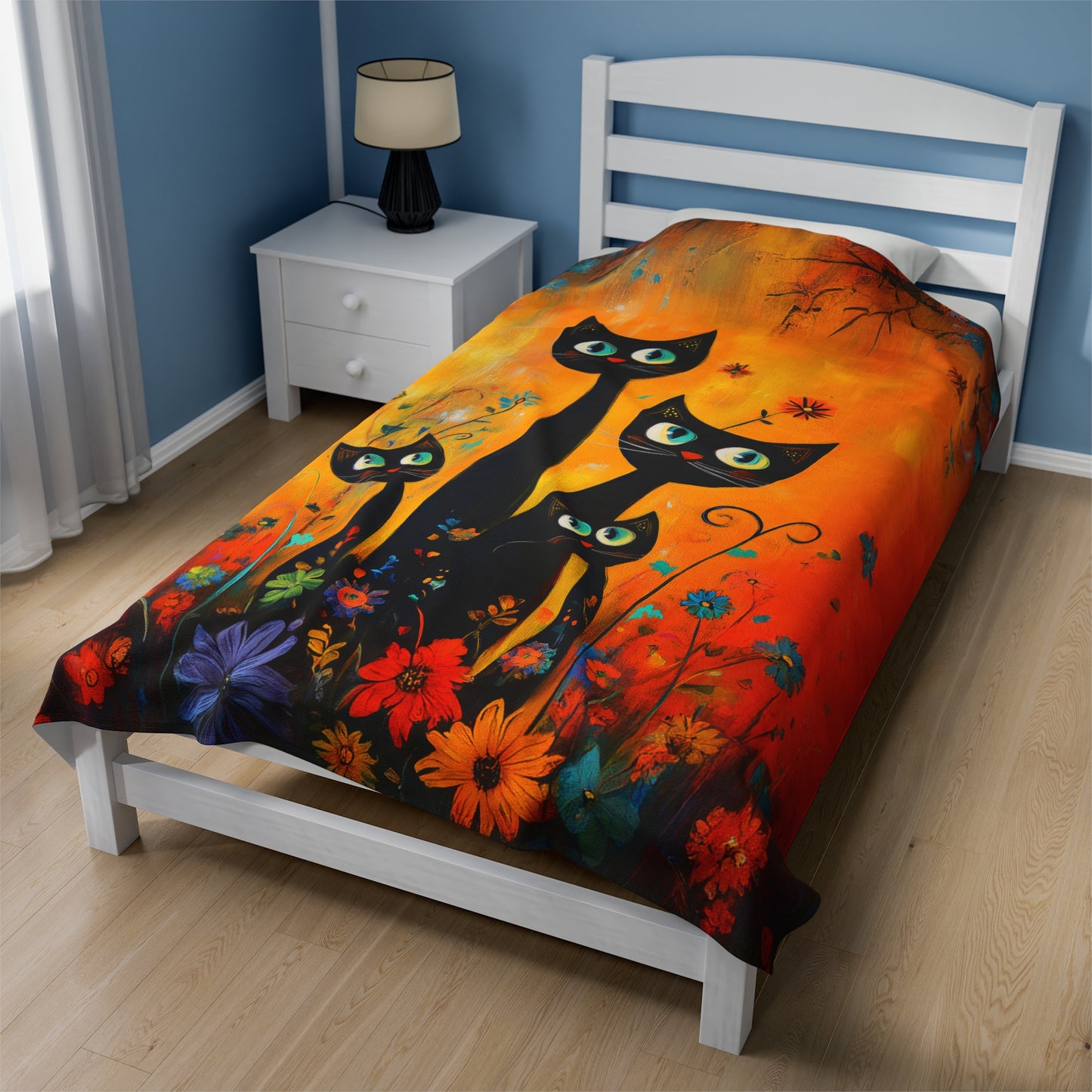 Playful Trio of Black Cats in a Vibrant Flower Garden Velveteen Plush Blanket 3 Sizes