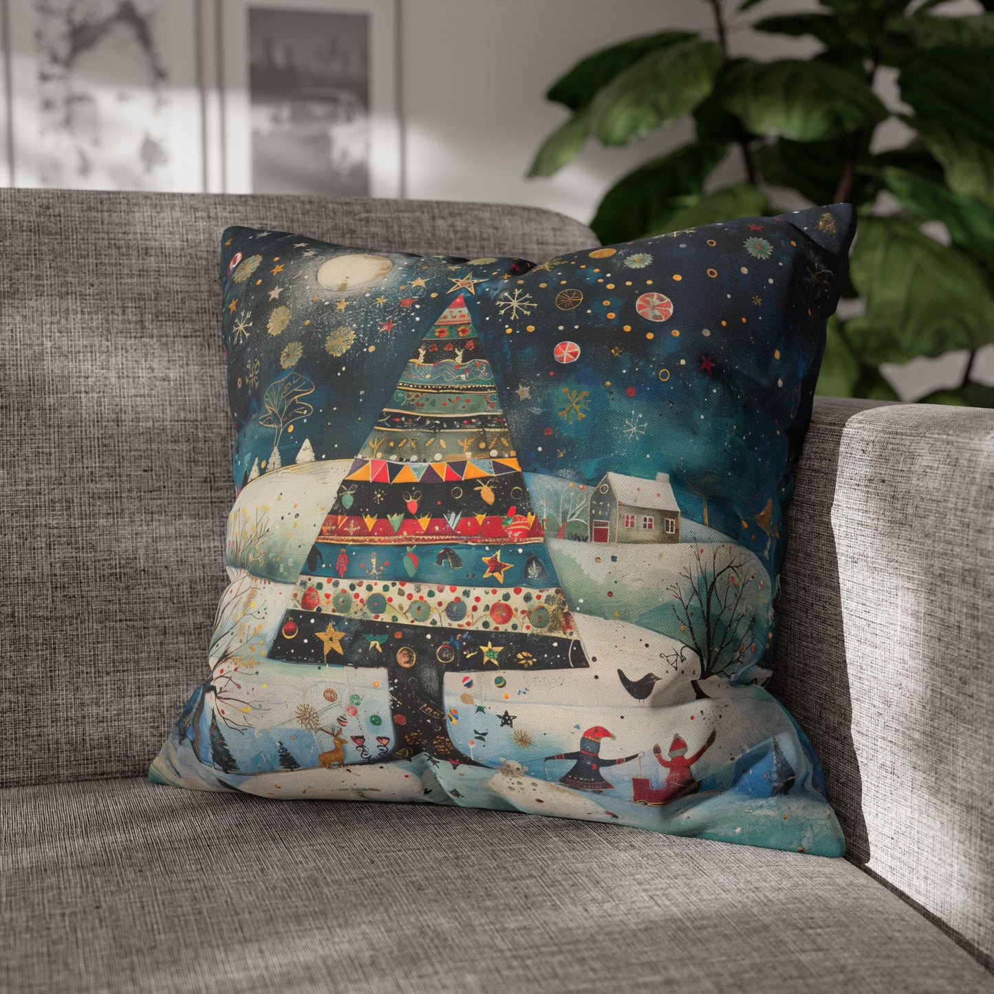 Nighttime Delights: Folk Art Christmas Tree Illuminating a Town, with Joyful Children Playing Below Spun Polyester Square Pillowcase 4 Sizes