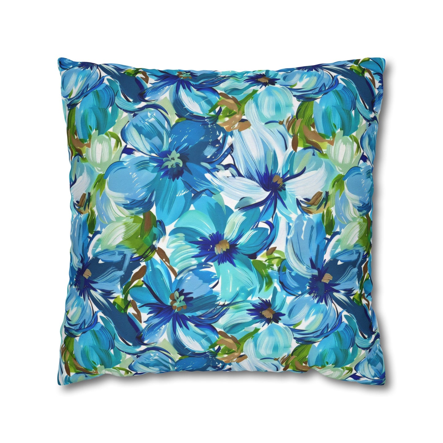 Large Blue Watercolor Flowers with Gentle Accents of Brown and Green Spun Polyester Square Pillowcase 4 Sizes