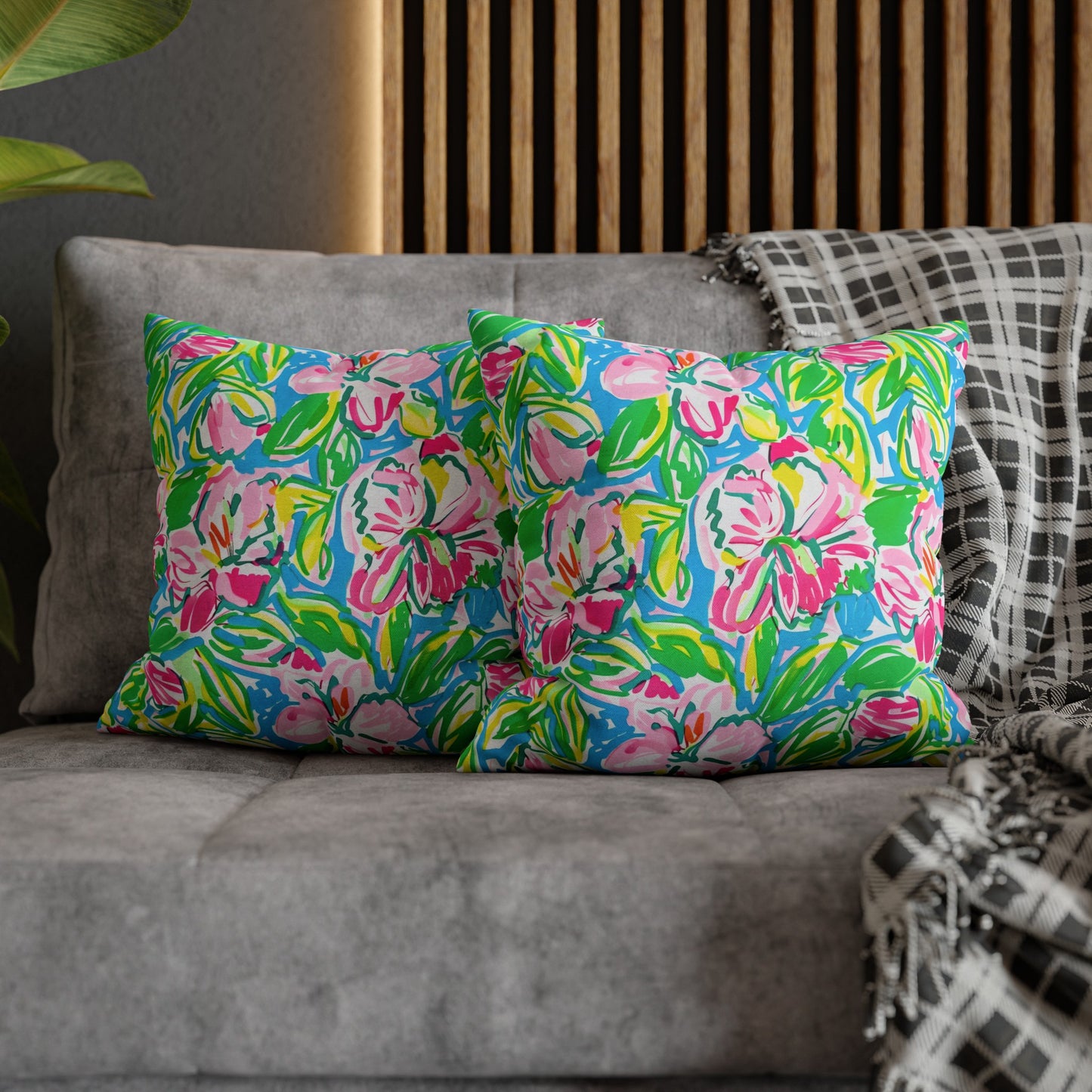 Whispering Meadows: Pink Blossoms, Lush Green Leaves, and Accents of Yellow and Blue Spun Polyester Square Pillowcase 4 Sizes