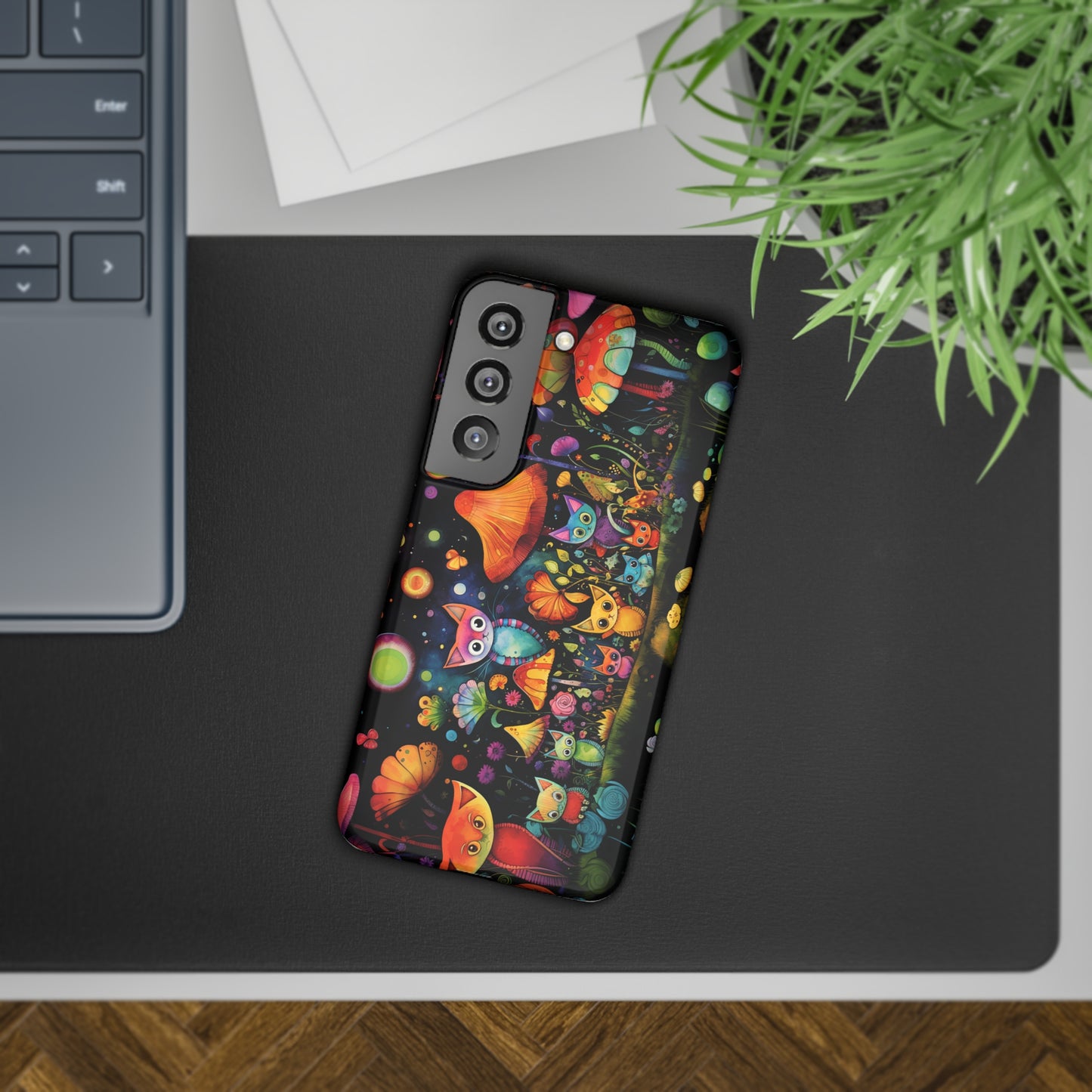 Mystical Cats Amidst a Garden of Flowers and Mushrooms, Beneath a Starry Sky Samsung Slim Cases