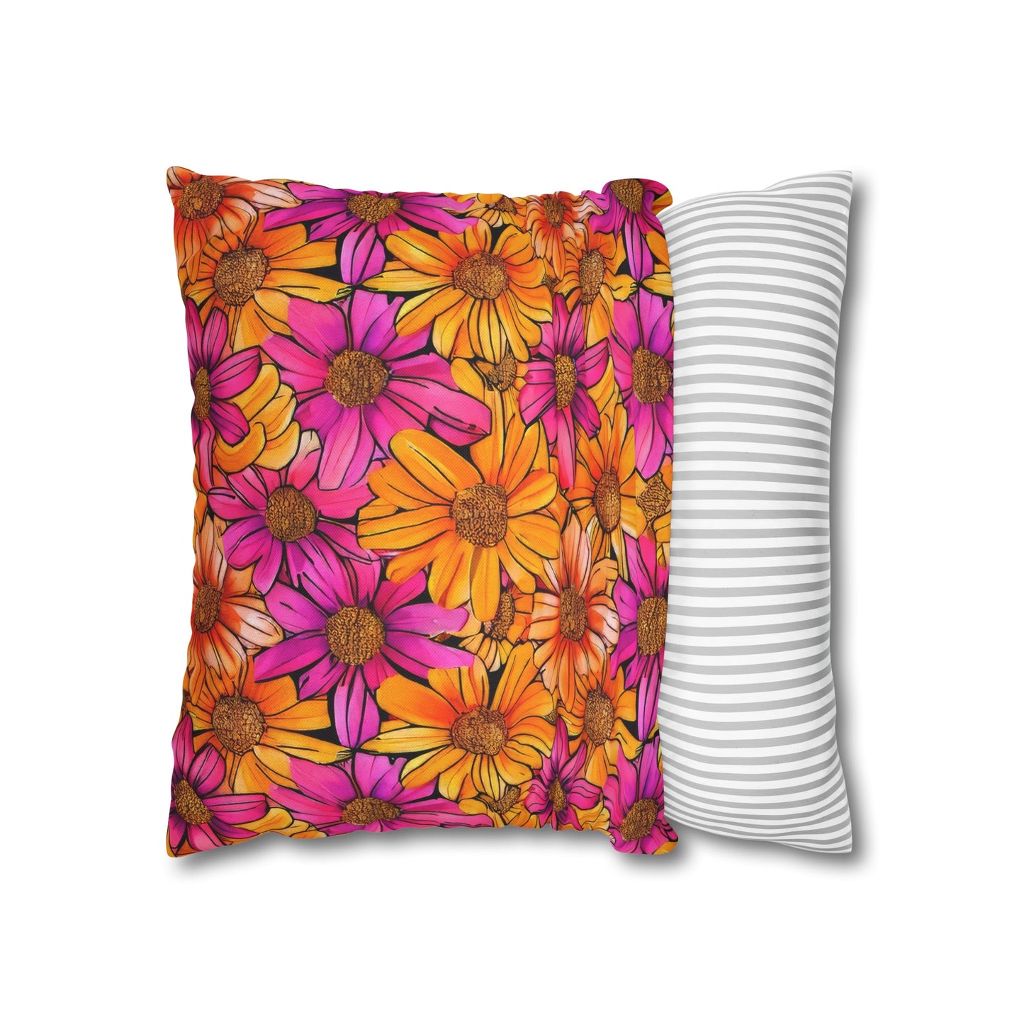 Vibrant Daisy Delight with Bold Orange and Pink Spun Polyester Square Pillowcase 4 Sizes