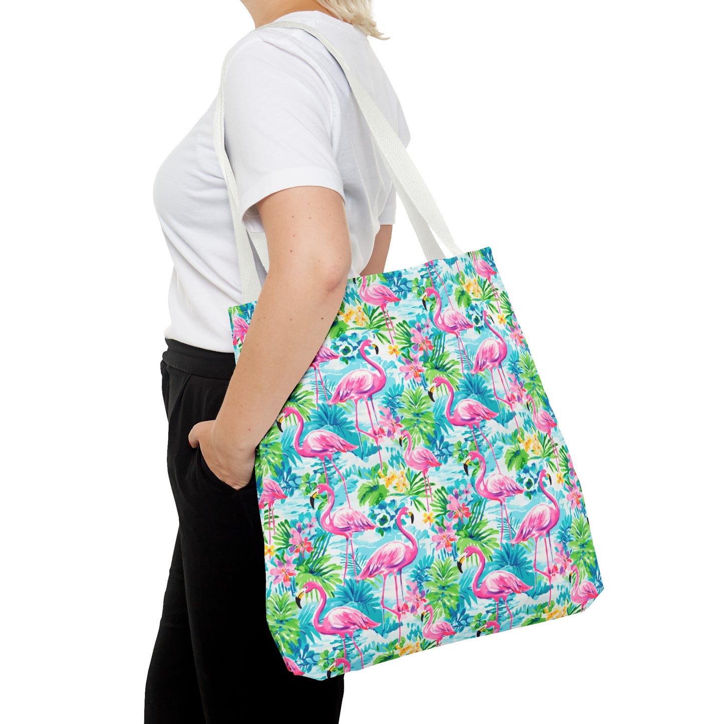 Tropical Flamingo Haven: Surrounded by Flowers and Palm Trees Canvas Tote Bag 3 Sizes