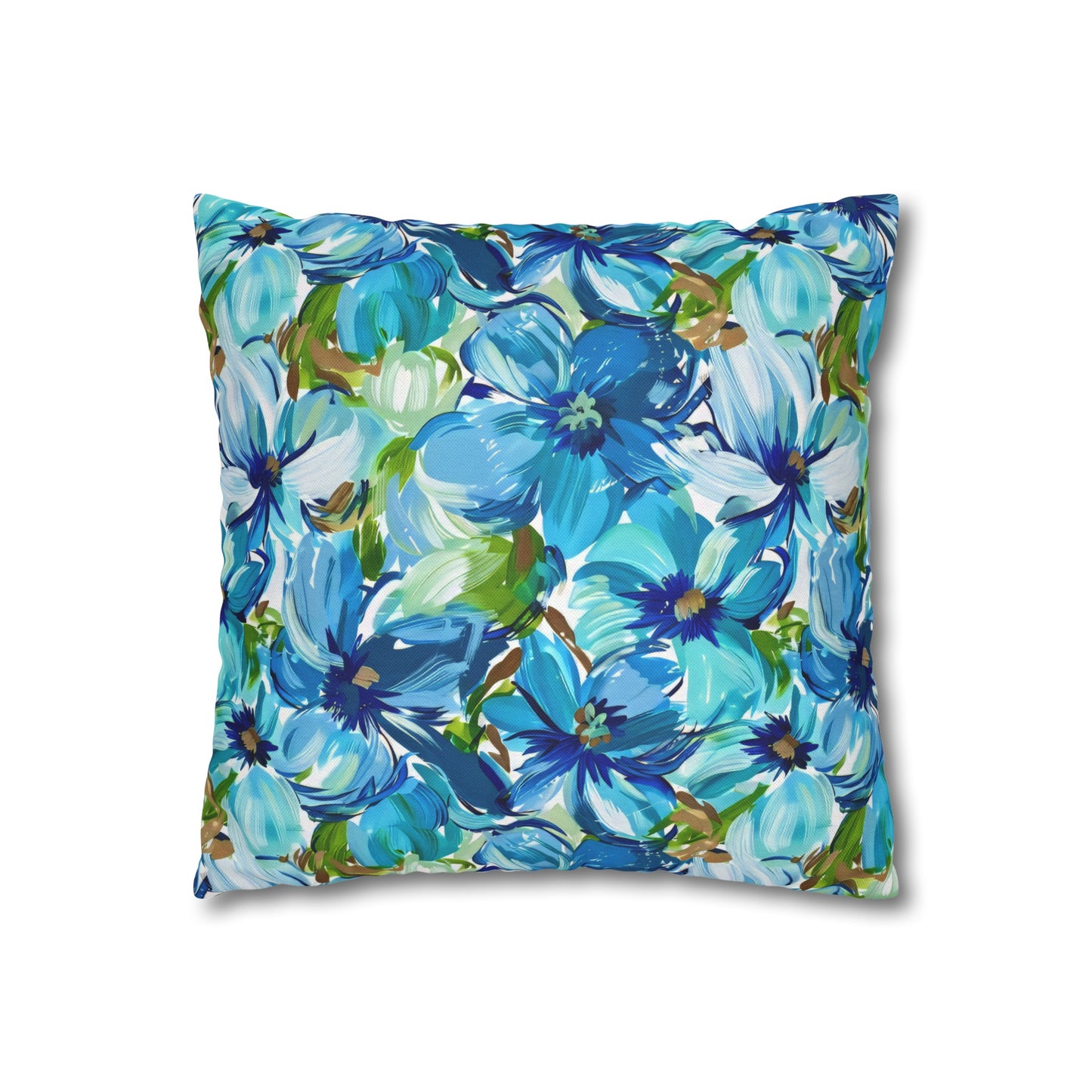 Large Blue Watercolor Flowers with Gentle Accents of Brown and Green Spun Polyester Square Pillowcase 4 Sizes