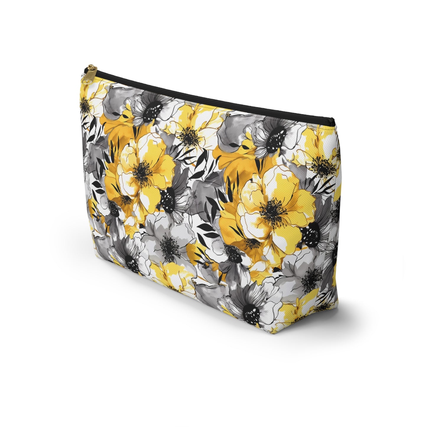 Soothing Radiance: Large Yellow and Grey Watercolor Flower Design - Makeup & Accessory Bag 2 Sizes