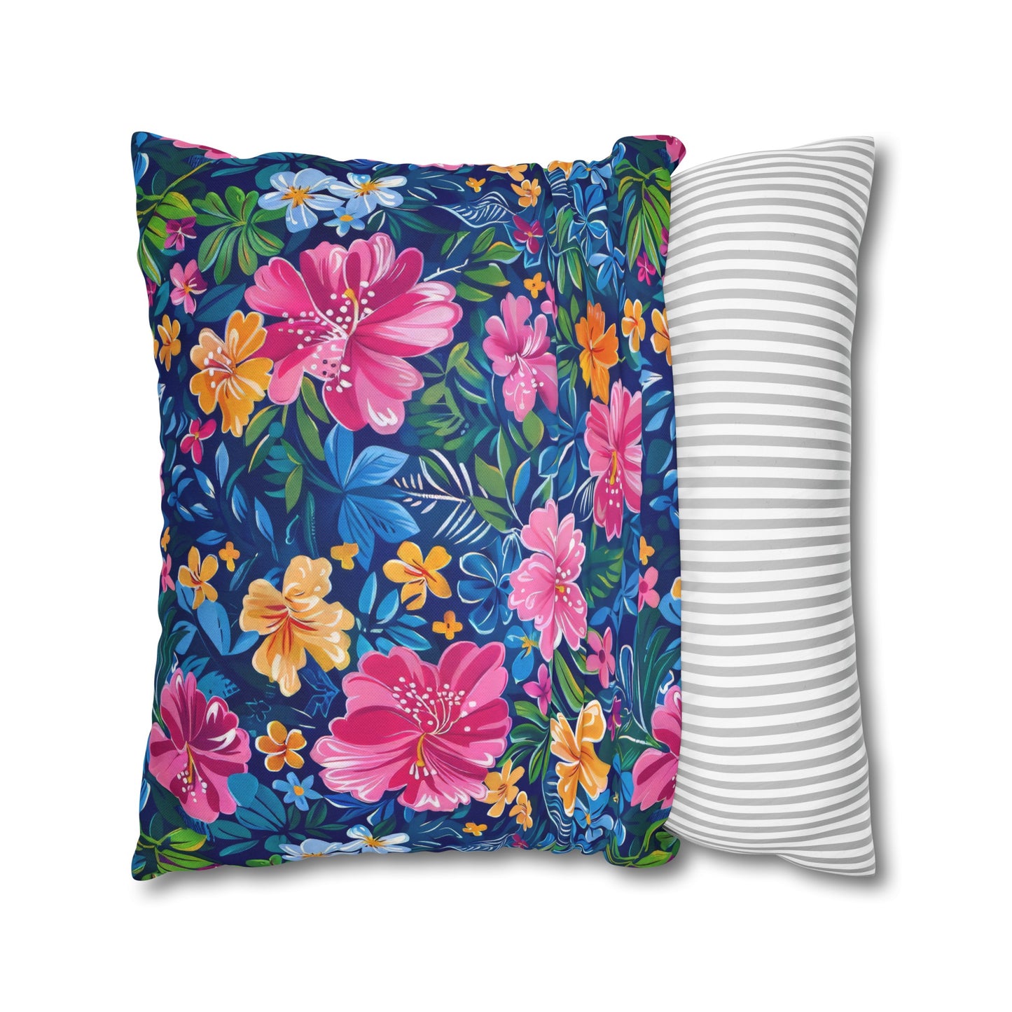 Tropical Sunrise Bloom: Pink Watercolor Flowers with Yellow and Blue Accents Spun Polyester Square Pillowcase 4 Sizes