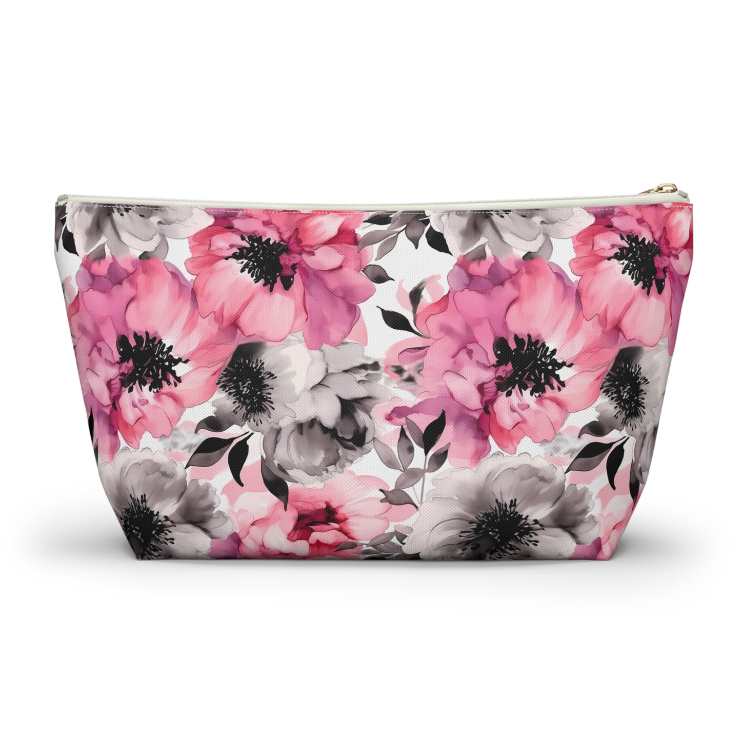 Graceful Elegance: Large Pink and Grey Watercolor Flower Design - Makeup & Accessory Bag 2 Sizes